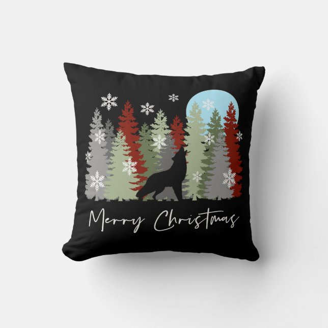 Coussin Wolf Howling Dans La Forêt Joyeux Arbres De Noël (Recto)