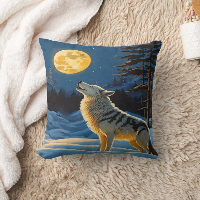 Coussin Wolf Howling sous Pleine lune dans le paysage hive (Couverture)