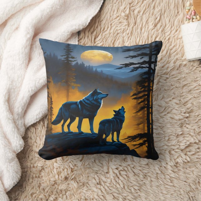 Coussin Wolves Howl à la Pleine lune en forêt (Couverture)