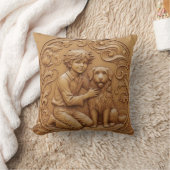 Coussin Wood carving effect Throw Cushion boy and dog (Couverture)