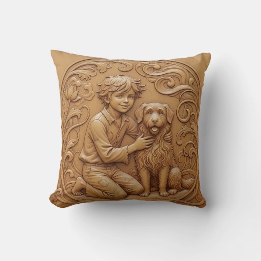 Coussin Wood carving effect Throw Cushion boy and dog (Recto)