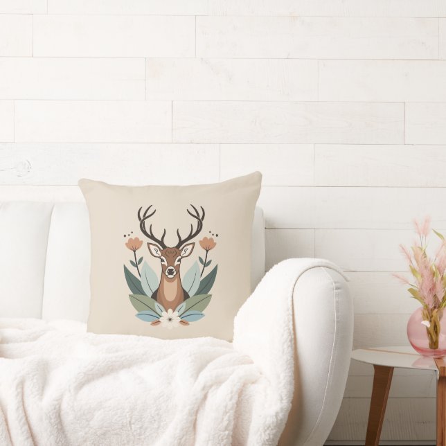 Coussin Woodland Harmony – Boho Deer Botanical Illustratio (Canapé)
