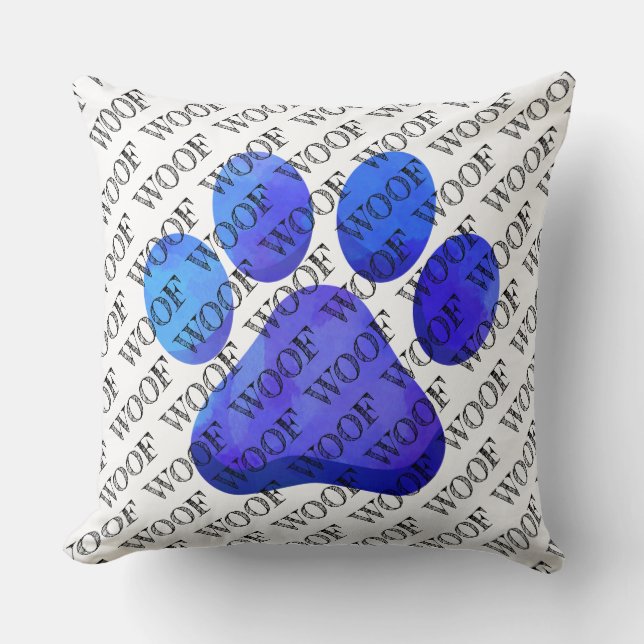 Coussin WOOF Typographie Bleu Empreinte de patte moderne c (Recto)
