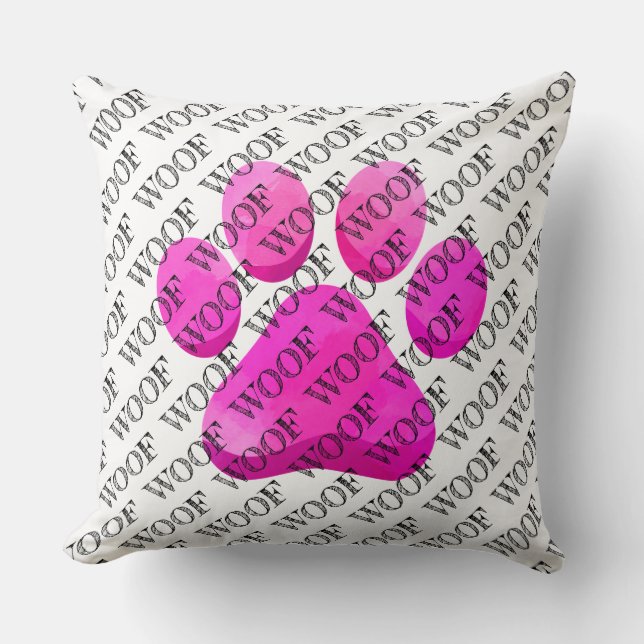 Coussin WOOF typographie chien rose empreinte de patte mod (Recto)