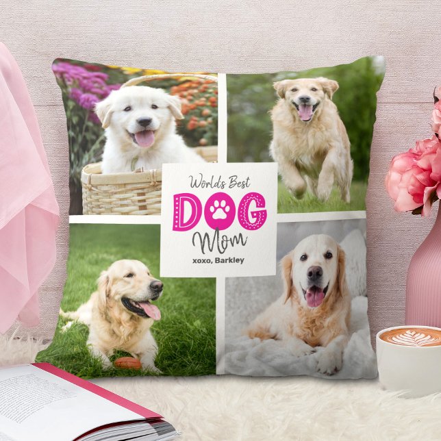 Coussin World’s Best Dog Mom 4 Photo Pink on White Custom (Créateur téléchargé)