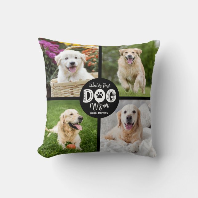 Coussin World’s Best Dog Mom Custom 4 Photo Black White (Recto)