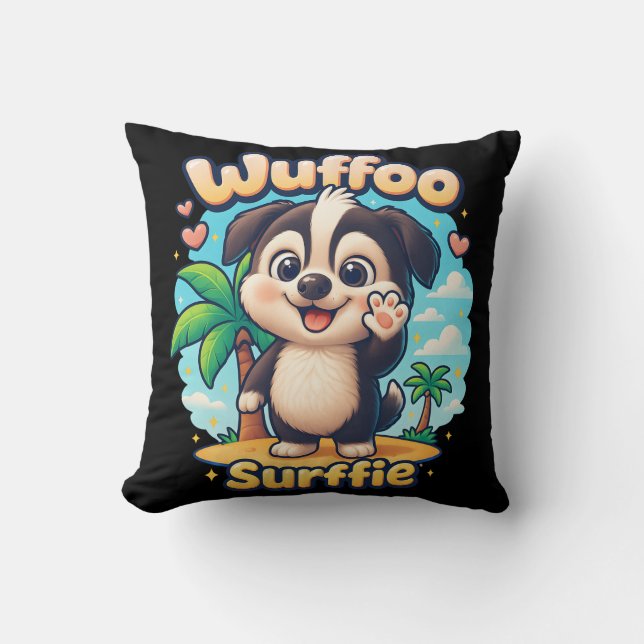 Coussin Wuffoo Surffie Cute Kawaii Puppy Tropical Island (Recto)