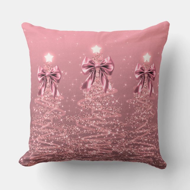 Coussin Xmas Sparkling Trees Blush Pink Faux Bow  (Recto)