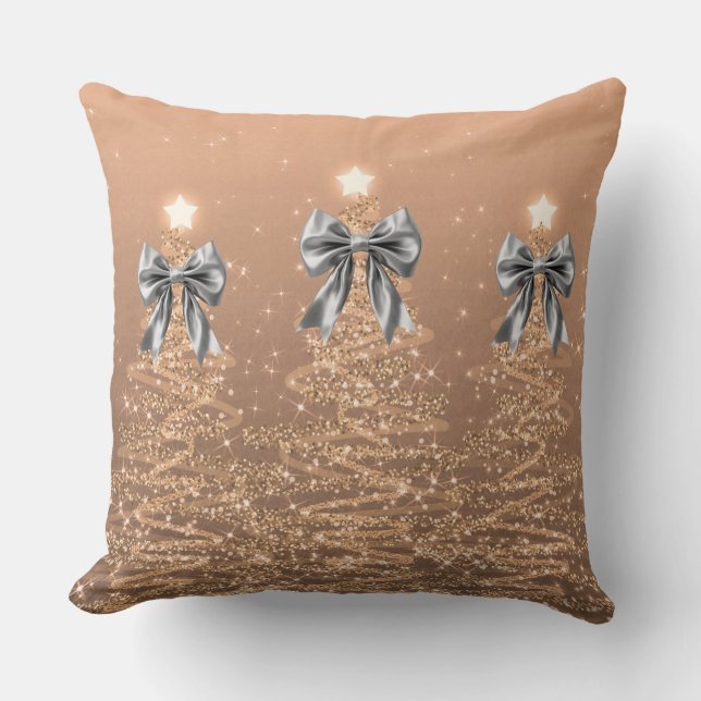 Coussin Xmas Sparkling Trees Rose Gold Faux Silver Bow  (Recto)