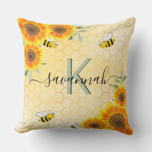 Coussin Yellow tournesol abeilles rustique script monogram