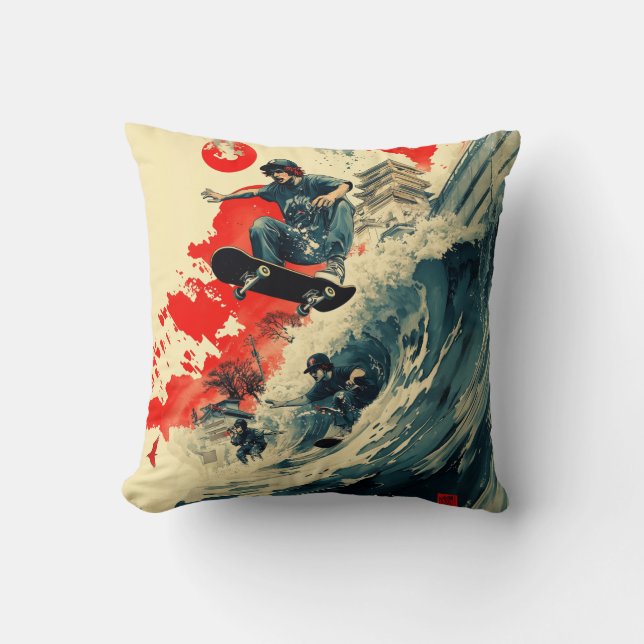 Coussin Yokai Wave : Skateboard Tsunani Thlow Pillow (Recto)