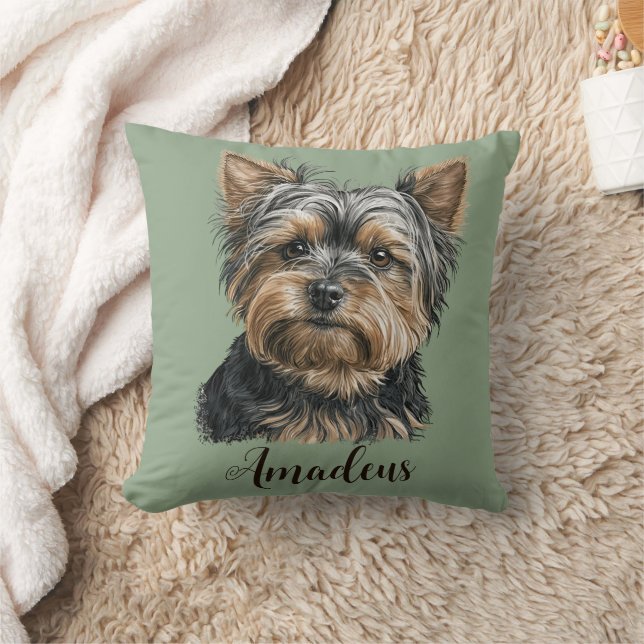 Coussin Yorkie Illustration Chien Vert Décor Maison (Couverture)