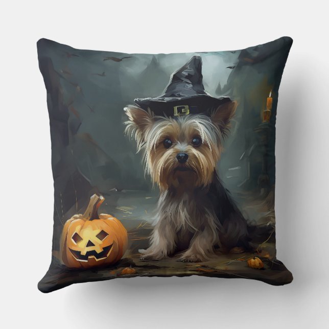 Coussin Yorkshire Terrier Citrouilles Halloween effrayant (Verso)