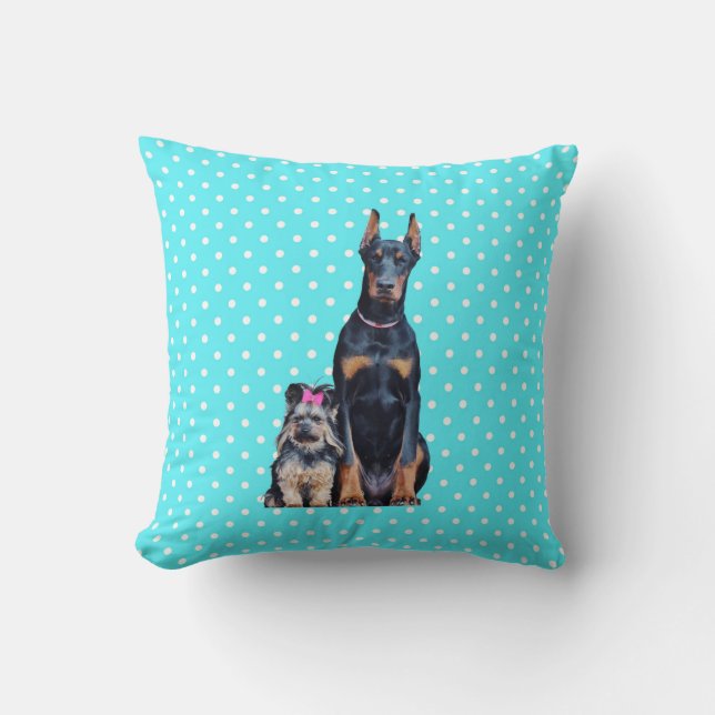 Coussin Yorkshire Terrier Doberman Pois bleus (Recto)