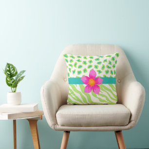 Coussin Zebra Cheetah Leopard Peau vert blanc rose