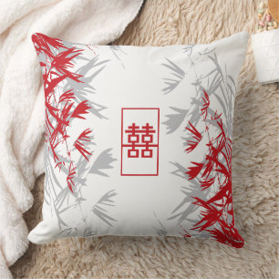 Coussin Zen Red Gris Bamboo Feuille Moderne Double Bonheur