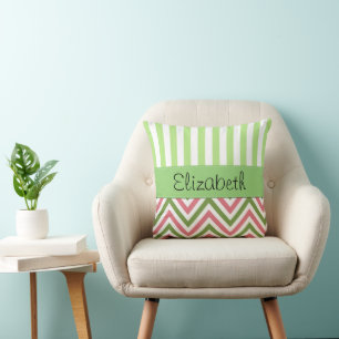 Coussin Zigzag, Chevron, Grilles, Rose, Vert, Votre Nom