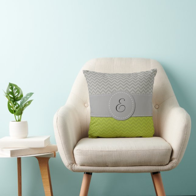 Coussin Zigzag vert, Zigzag gris, Chevron, Monogramme (Chaise)