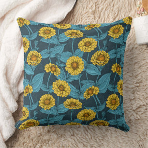 Coussin Zinnias jaune sur bleu foncé