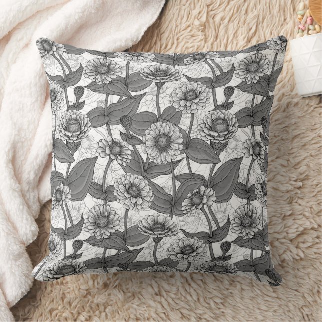 Coussin Zinnias, monochrome sur blanc (Couverture)