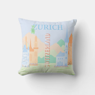 Coussin Zurich Travel Art, Suisse, Blue Retro Travel