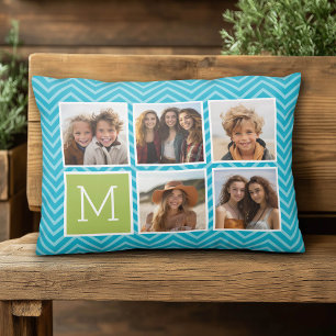 Coussins Décoratifs 5 photos en collage - Monogramme bleu aqua et vert