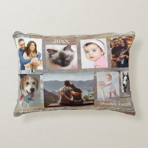 Coussins Décoratifs 8 Photos de famille, grain de bois, nom et année D