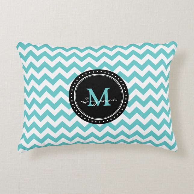 Coussins Décoratifs Abrégé sur Chevron blanc d'Aqua de monogramme (Devant)