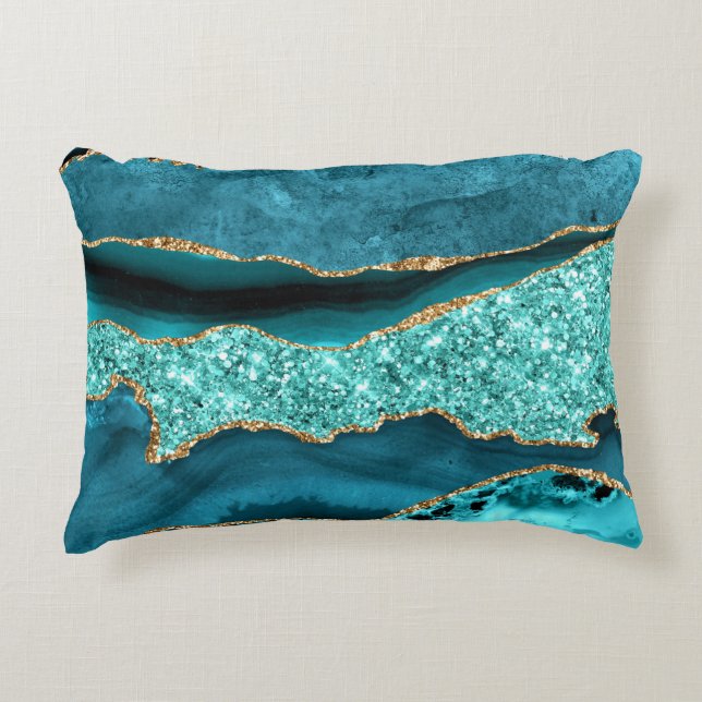 Coussins Décoratifs Agate Turquoise Blue Gold Parties scintillant Marb (Devant)