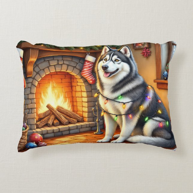 Coussins Décoratifs Alaskan Malamute Fireplace with Christmas Lights (Devant)
