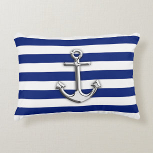 Coussins Décoratifs Ancre chromée nautique sur imprimé rayures marine