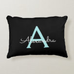 Coussins Décoratifs Aqua Teal Blue Script Girly Monogram<br><div class="desc">Noir et Aqua Turquoise Blue Script Monogramme Nom et Coussin initial. La coussin fait le cadeau parfait pour 16 ans,  mariage,  douche nuptiale,  baby shower ou bachelorette pour quelqu'un décorant sa chambre en or rose.</div>