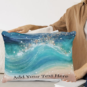 Coussins Décoratifs Aquarelle Bleu Blanc Océan Vague Personnalisée Nom