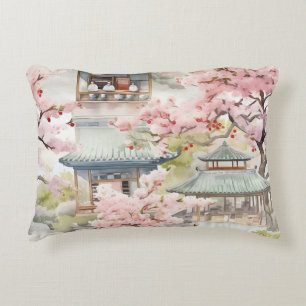 Coussins Décoratifs Aquarelle de la pagode asiatique au milieu des fle