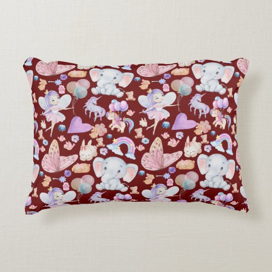 Coussins Décoratifs Aquarelle Girly Whimsical sur Maroon | (Devant)