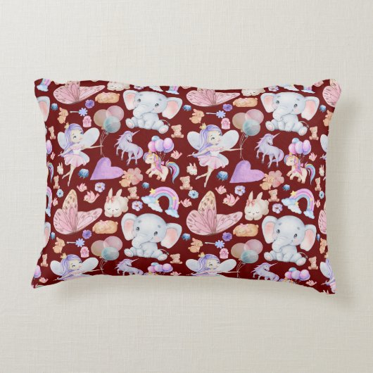 Coussins Décoratifs Aquarelle Girly Whimsical sur Maroon | (Dos)
