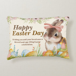 Coussins Décoratifs Aquarelle Lapin Floral avec Ruban Jour de Pâques J