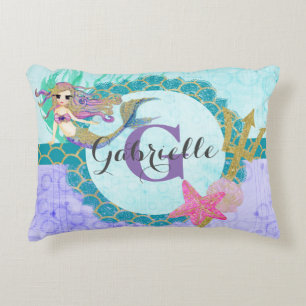 Coussins Décoratifs Aquarelle mignonne de sirène Monogramme Turquoise 