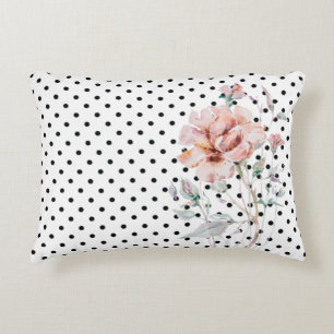 Coussins Décoratifs Aquarelle rose sur À petits pois noirs