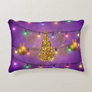 Coussins Décoratifs Arbre et ornements d'or colorés de lumières de