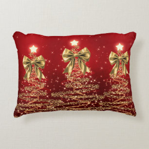 Coussins Décoratifs Arbres Étincelants de Noël Rouge Or avec Nœud Faux