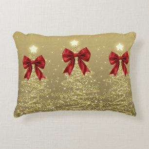 Coussins Décoratifs Arbres scintillants de Noël or avec nœud rouge en 