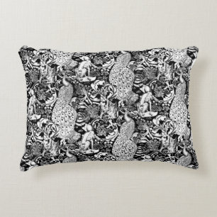 Coussins Décoratifs Art Nouveau Peacock Print, noir et blanc