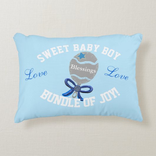 Coussins Décoratifs Baby Boy Blue Rattle Statistiques de naissance (Devant)