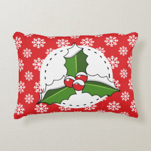Coussins Décoratifs Baie de houx sur motif flocons de neige rouges et