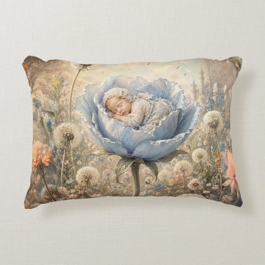Coussins Décoratifs Bébé endormi dans une fleur bleue (Devant)
