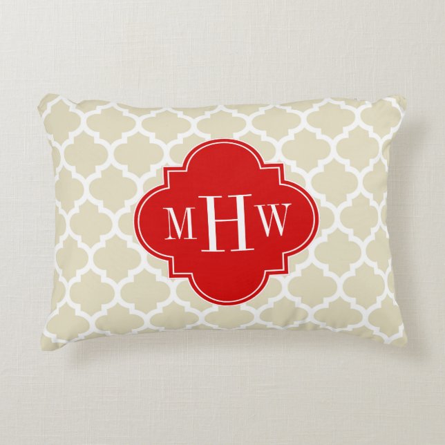 Coussins Décoratifs Beige, Blanc Marocain #5 Rouge 3 Initiale Monogram (Devant)