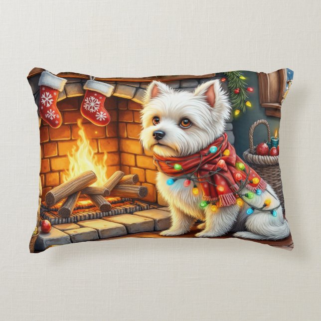 Coussins Décoratifs Bichon Frise Fireplace with Christmas Lights (Devant)