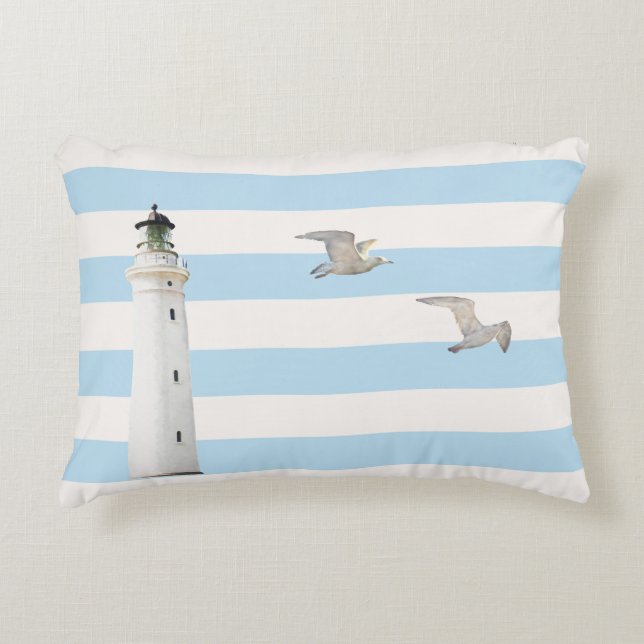 Coussins Décoratifs Bleu phare rayures nautiques blanches (Devant)