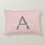 Coussins Décoratifs Blush Pink Grey Modern Script Girly Monogram<br><div class="desc">Nom et Coussin initial du monogramme en rose et gris. La coussin fait le cadeau parfait pour 16 ans,  mariage,  douche nuptiale,  baby shower ou bachelorette pour quelqu'un décorant sa chambre en or rose.</div>